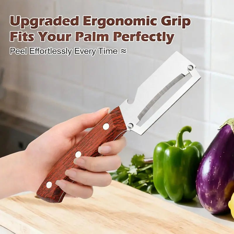 【Master Chef Grade】✨ TitanBlade Pro · 2.5mm Zero-Flex Steel Engineering · Heavy Duty Peeler & Bottle Opener for Tough Produce (Pumpkin, Pineapple, Sugar Cane) — Ergonomic Wood Handle, No-Slip Grip, Clean Cuts in Seconds!